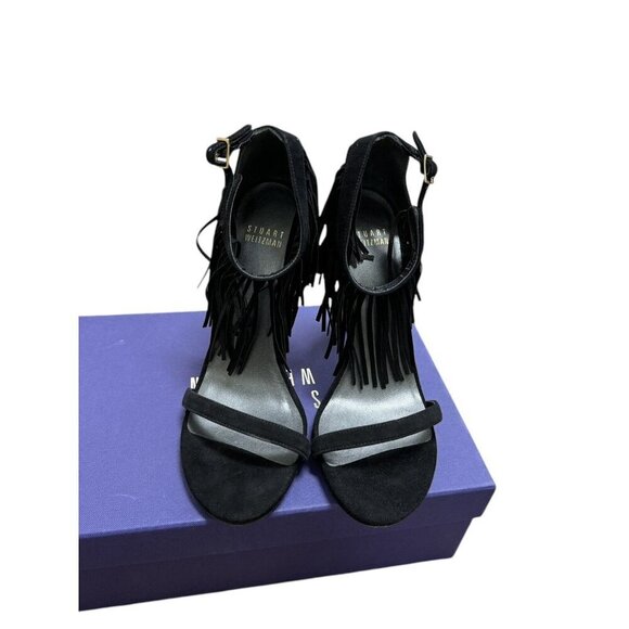 Stuart Weitzman Sz 7 Heels Love Fringe Strappy Sandals Black Suede Classic Party - Picture 3 of 9